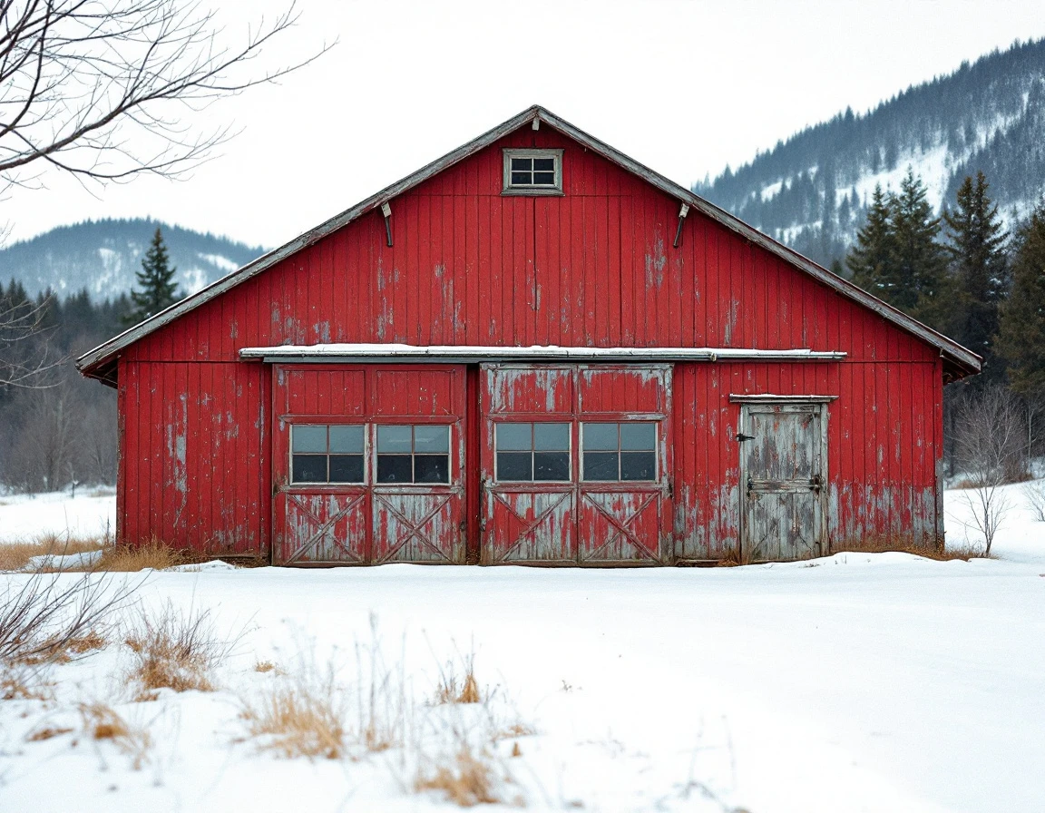 Red barn-style garage with wide equipment doors in snowy rural Amboy setting with mountain backdrop