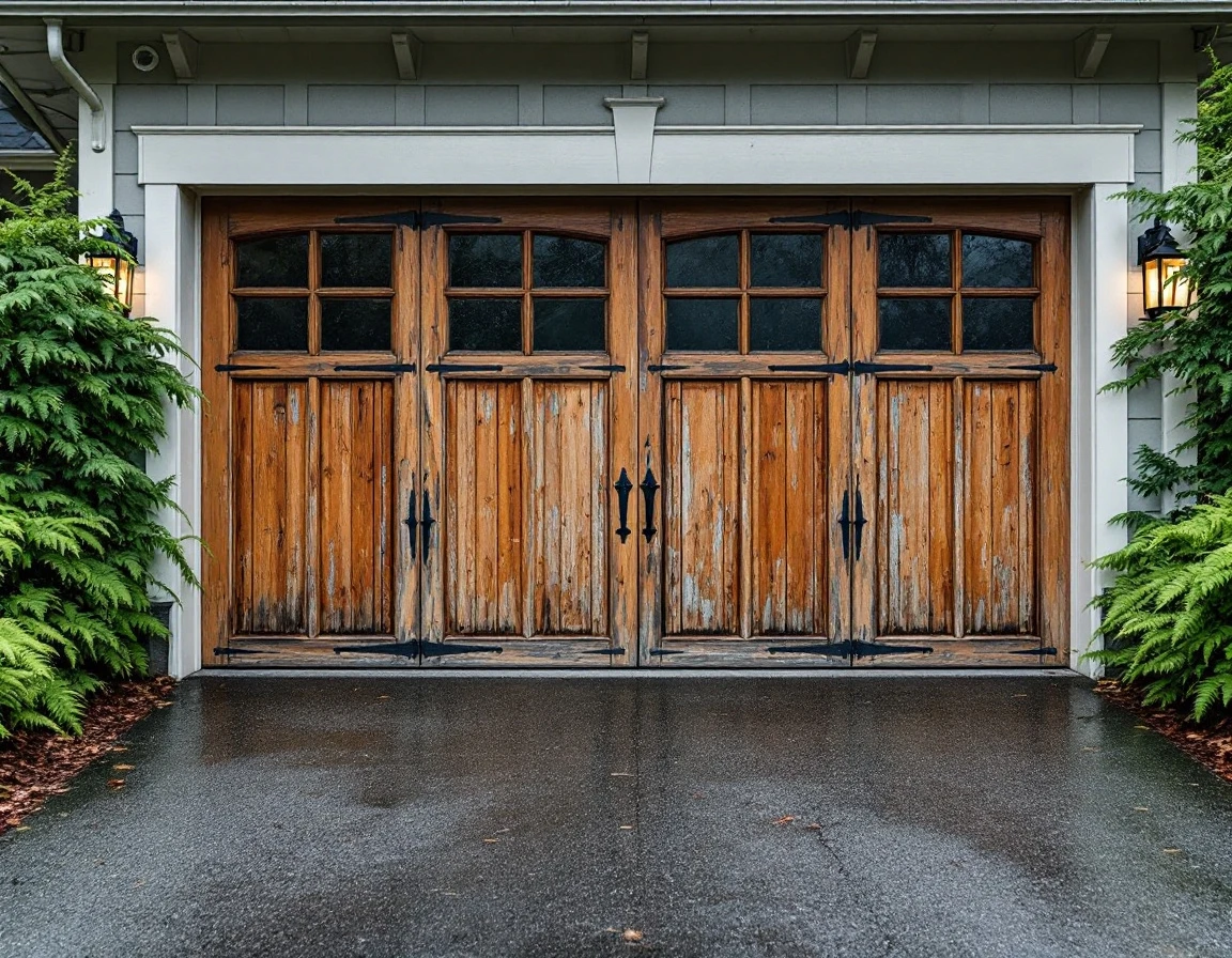 Weathered single-panel garage door showing age-related wear on Portland craftsman home