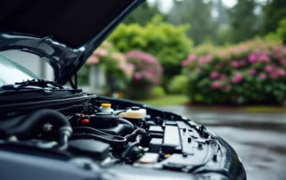 Open car hood showing engine cooling system components and fresh belts in residential driveway