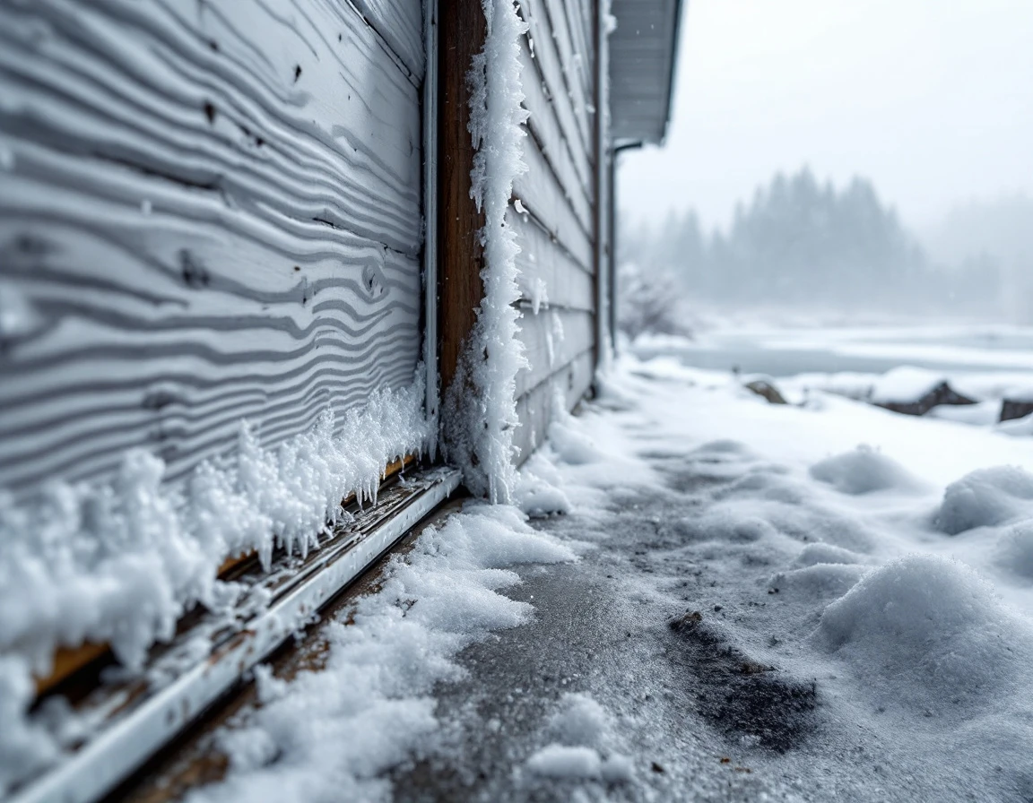 Failed garage door weatherstripping with ice buildup and frost penetration during Columbia Gorge winter storm