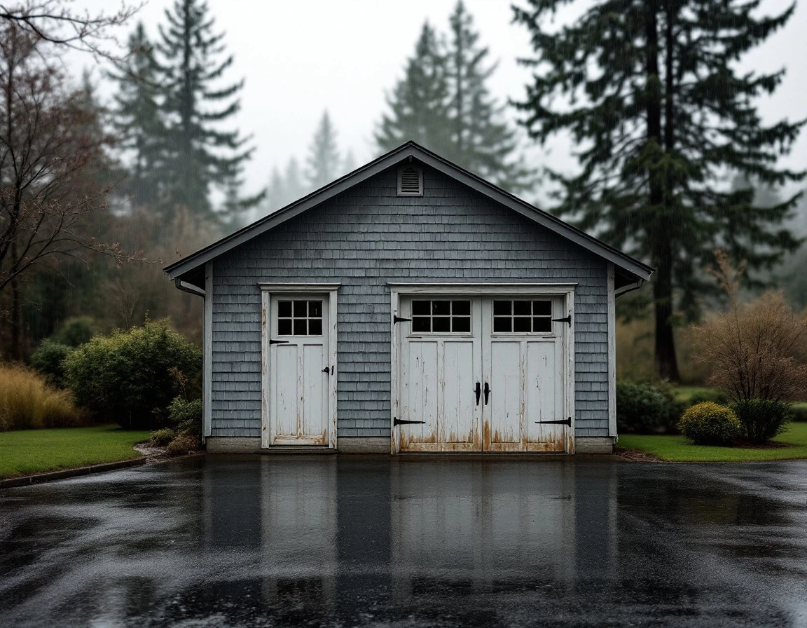 Residential garage with wet driveway and proper foundation drainage during spring rain in Clackamas County