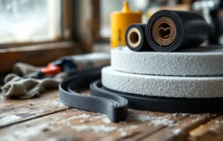 Weatherstripping materials and tools arranged on workshop bench for garage door maintenance preparation