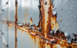 Weathered garage door panel with rust streaks and salt spray damage from commercial traffic exposure