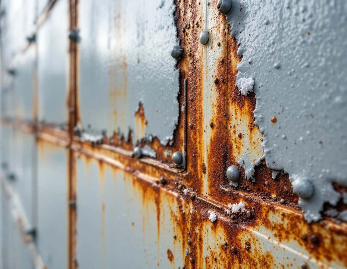 Weathered garage door panel with rust streaks and salt spray damage from commercial traffic exposure