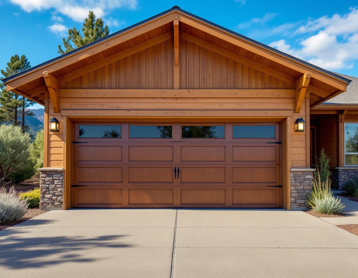 Garage door with UV-blocking protective coating reflecting sunlight in Central Oregon high desert setting