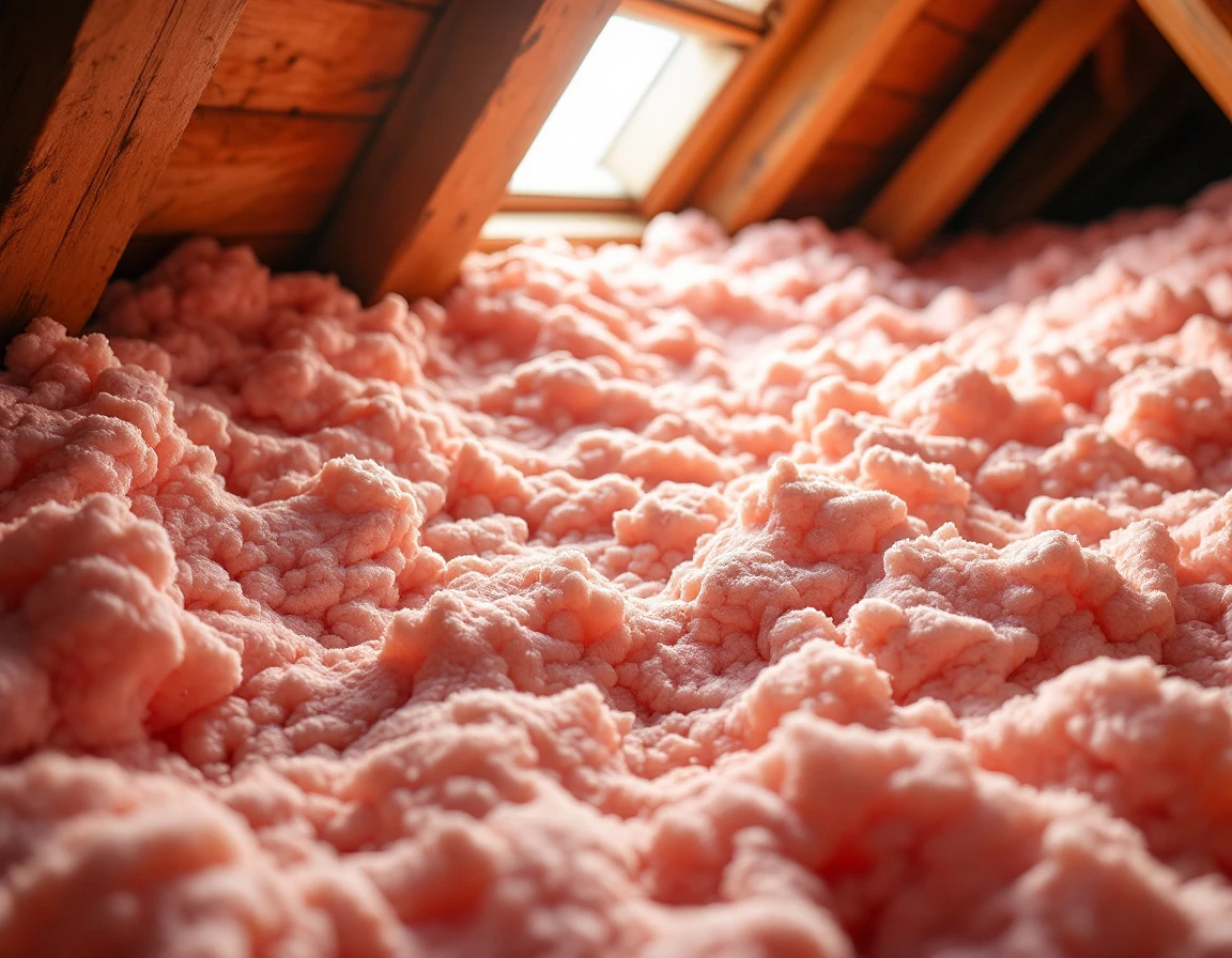 Close-up of settled fiberglass batt insulation in residential attic showing authentic texture and natural lighting