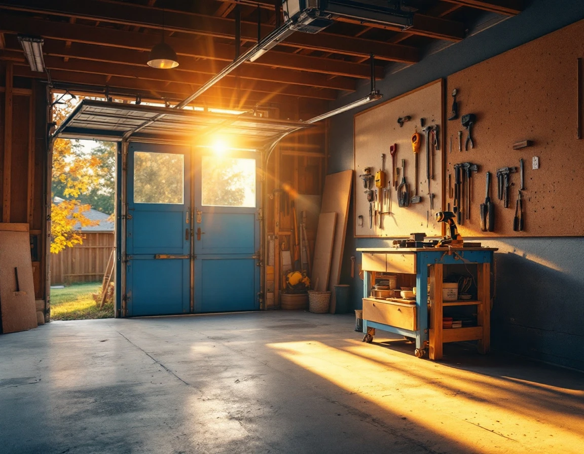 Sunlit garage workshop interior with workbench, pegboard tool storage, and natural afternoon lighting