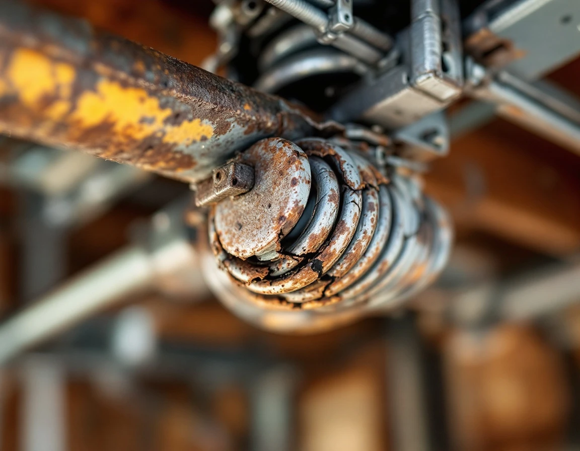 Worn garage door spring showing stress fractures and metal fatigue from freeze-thaw cycles