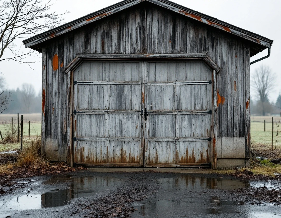 Detached garage on Canby property showing weathered siding and foundation moisture from spring snowmelt