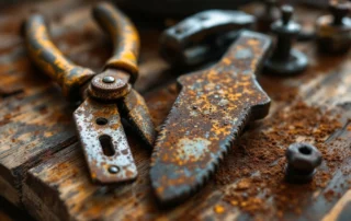 Rusted metal tools and corroded hardware showing moisture damage typical of Yamhill valley fog conditions