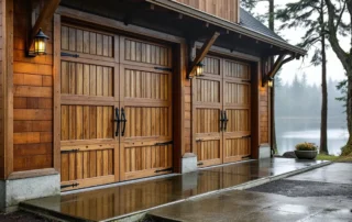 Elevated garage door with flood-resistant materials and weatherproofing details on West Kelso riverfront property