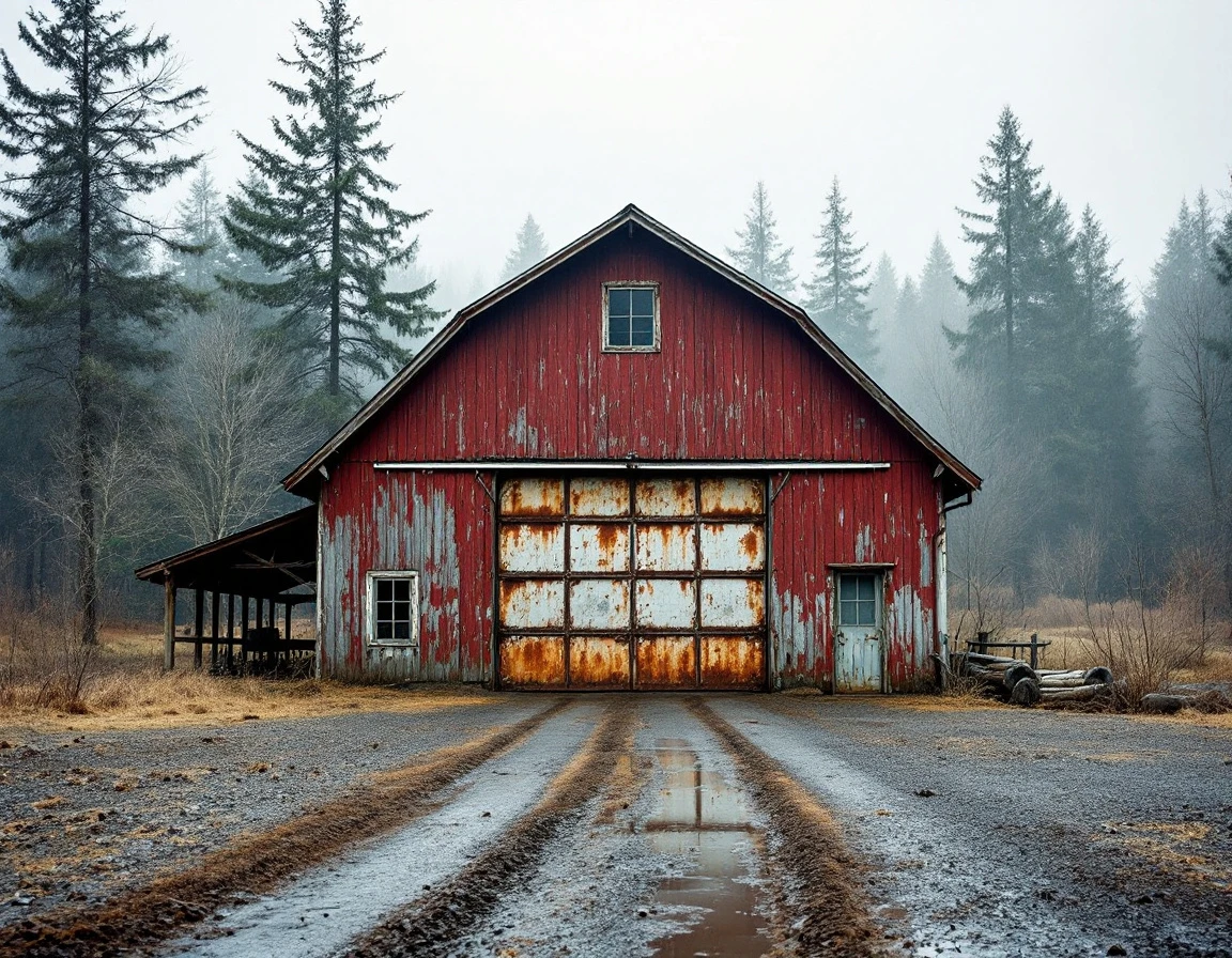 Weathered agricultural garage with rust and moisture damage in rural Clackamas County setting