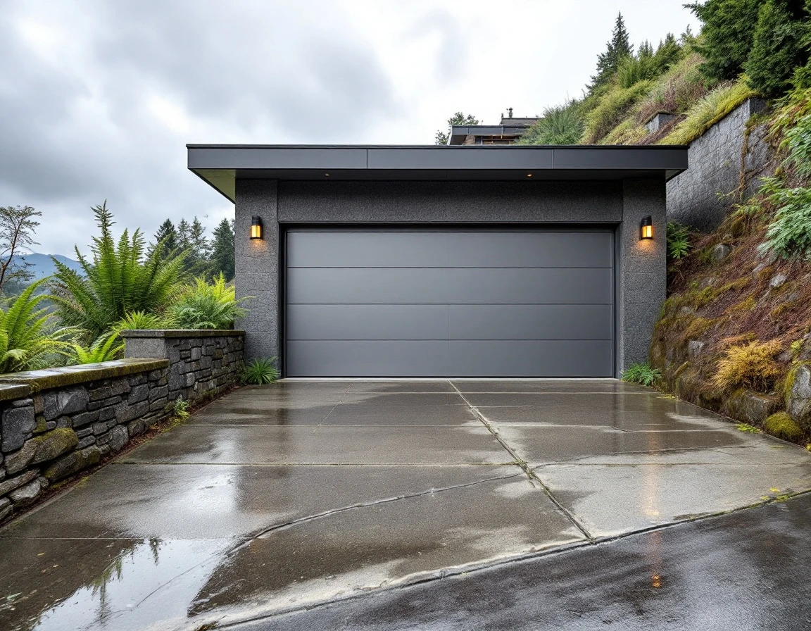 Hillside garage with water pooling on sloped driveway showing drainage challenges in Oregon City