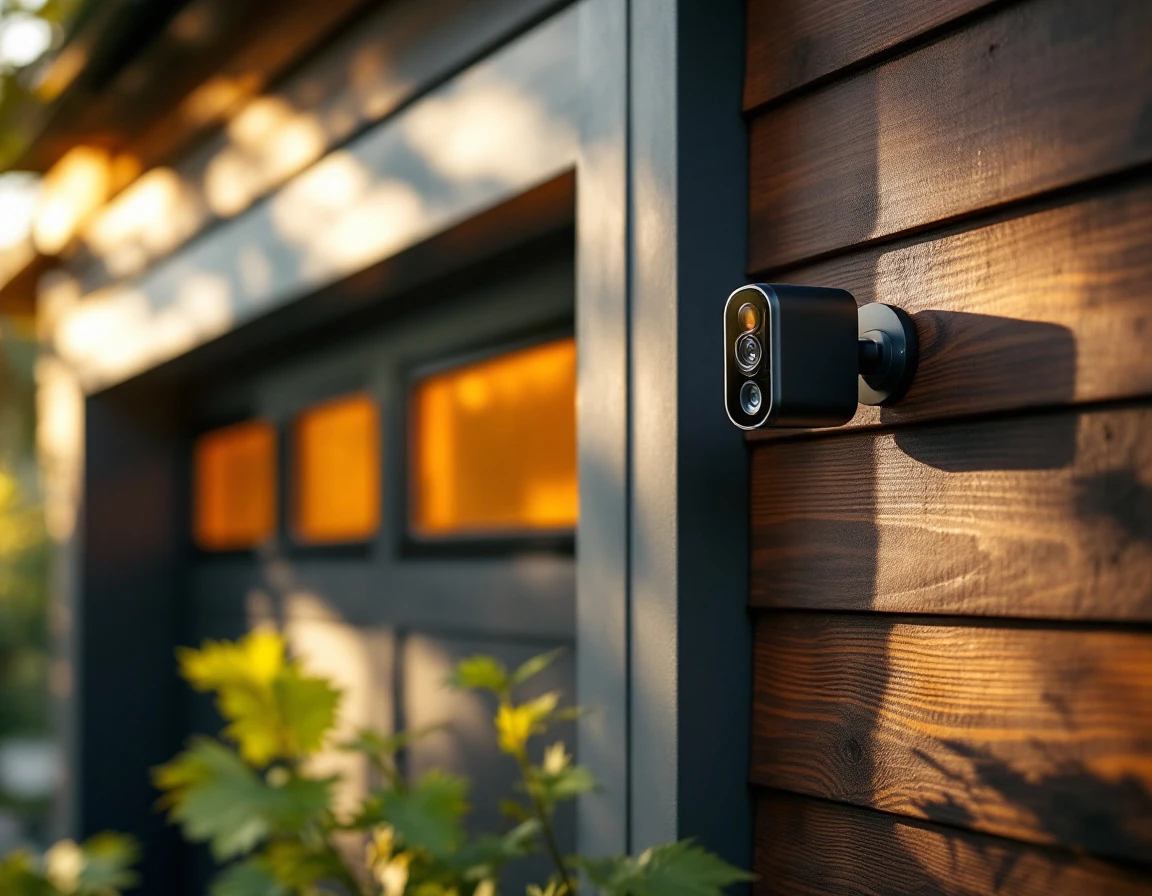 Smart security camera mounted on garage exterior with motion detection sensor and weather-resistant housing