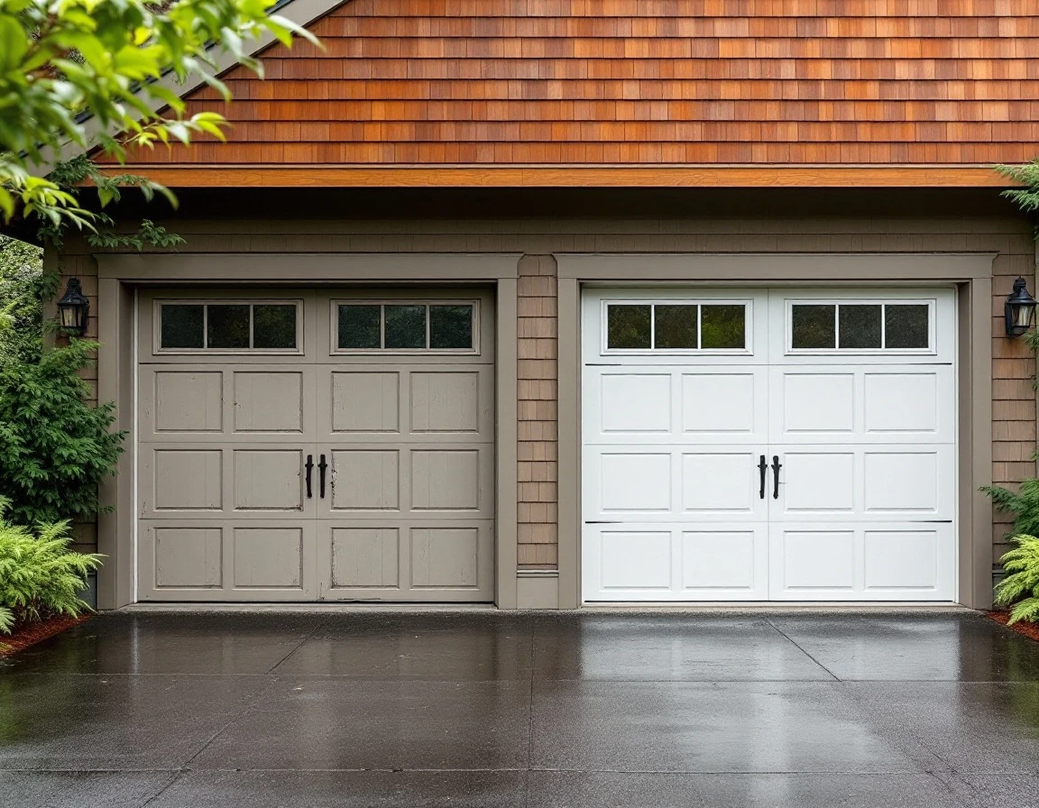 Side-by-side comparison of damaged garage door panel next to complete new door replacement on Portland home