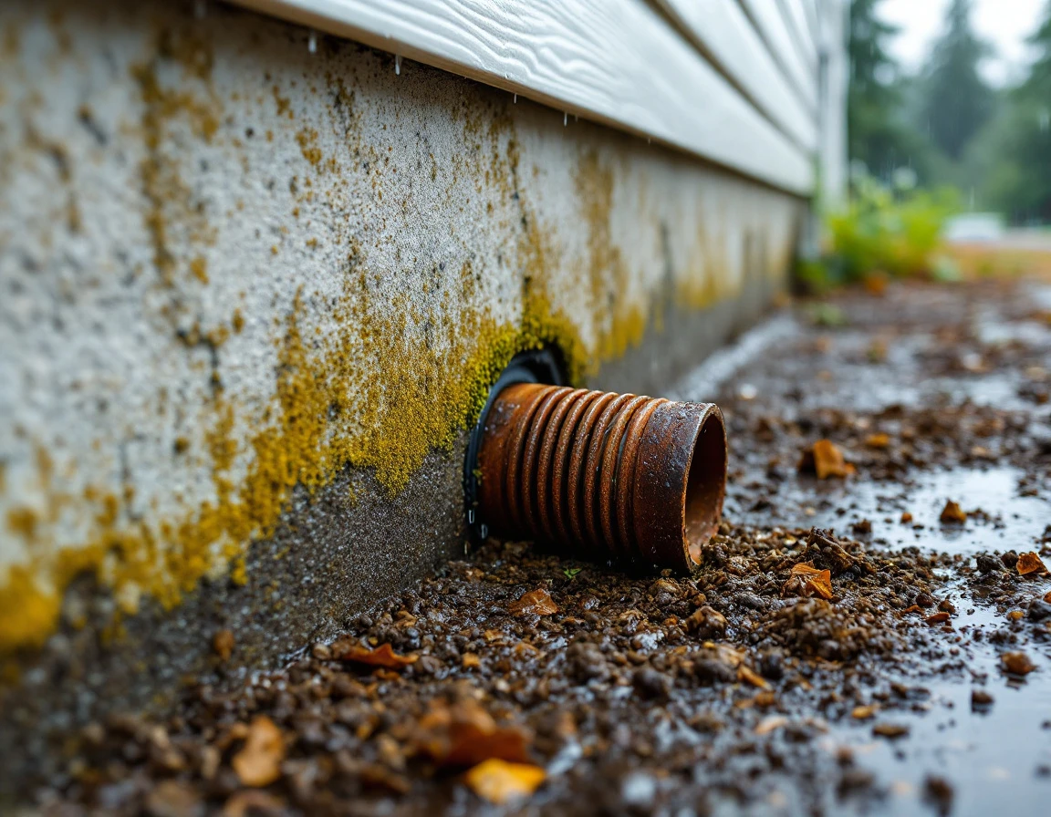 Concrete foundation with corrugated drain pipe showing weathering and moss growth during rainfall