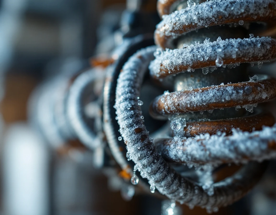 Garage door spring with frost and condensation from morning fog buildup in Tualatin Valley microclimate