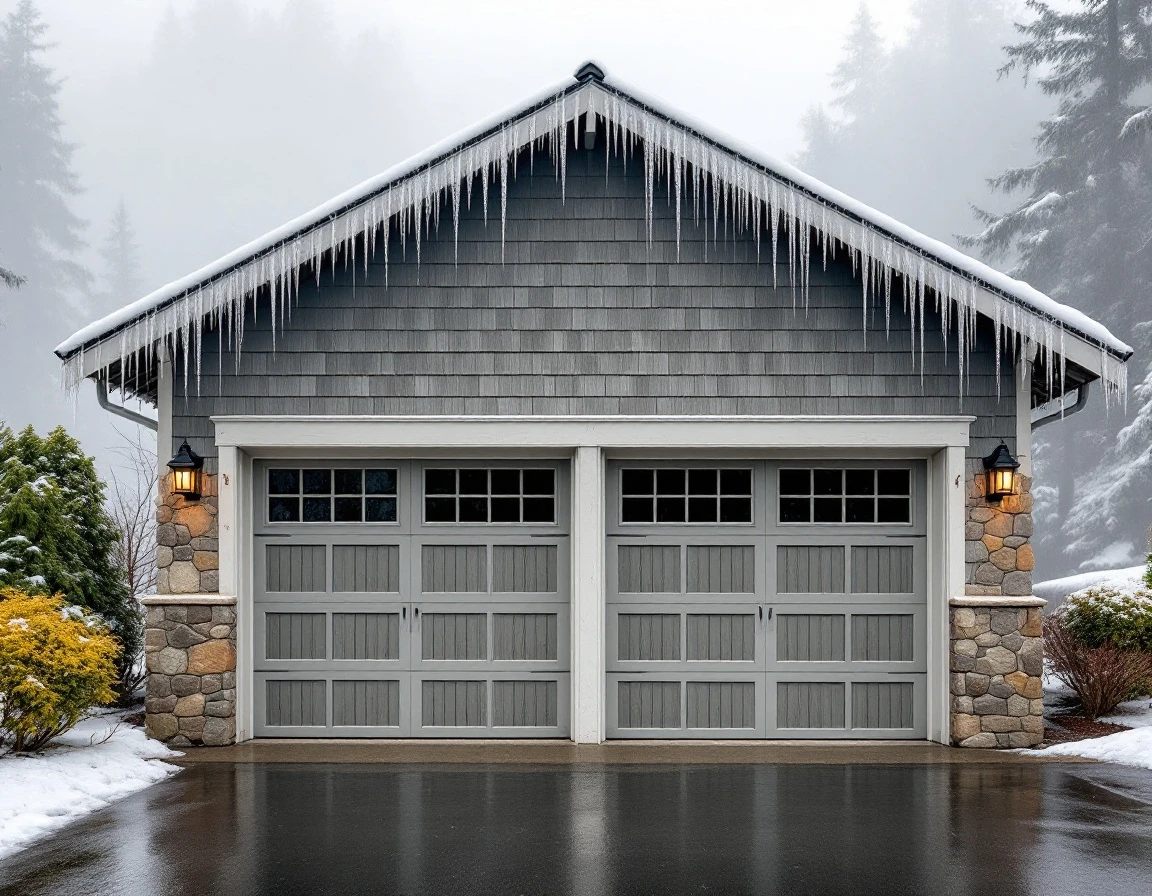 Garage door with icicles forming on eave during Tualatin Valley winter freeze-thaw cycle