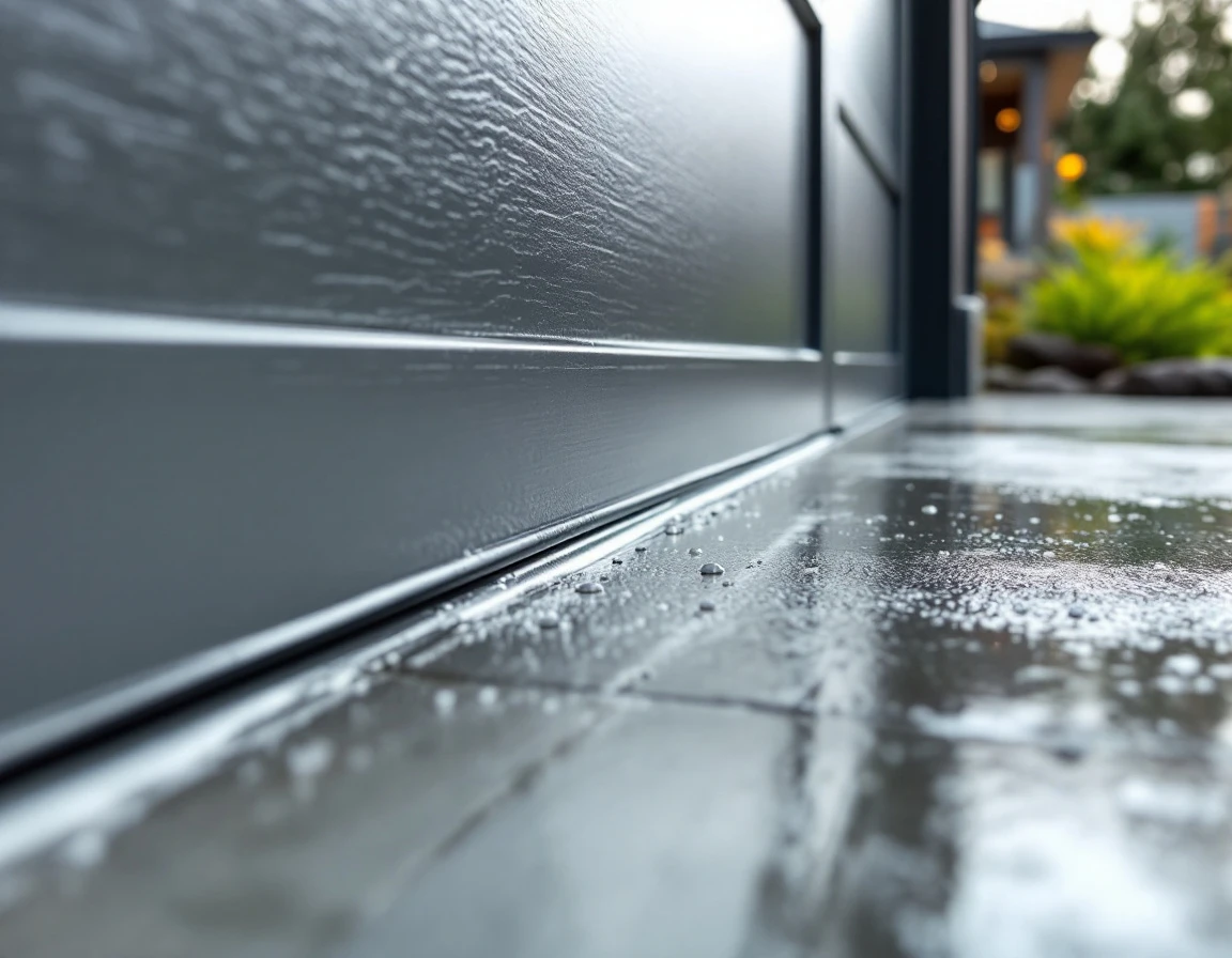Close-up of garage door weatherstripping seal against concrete showing water-resistant rubber gasket detail