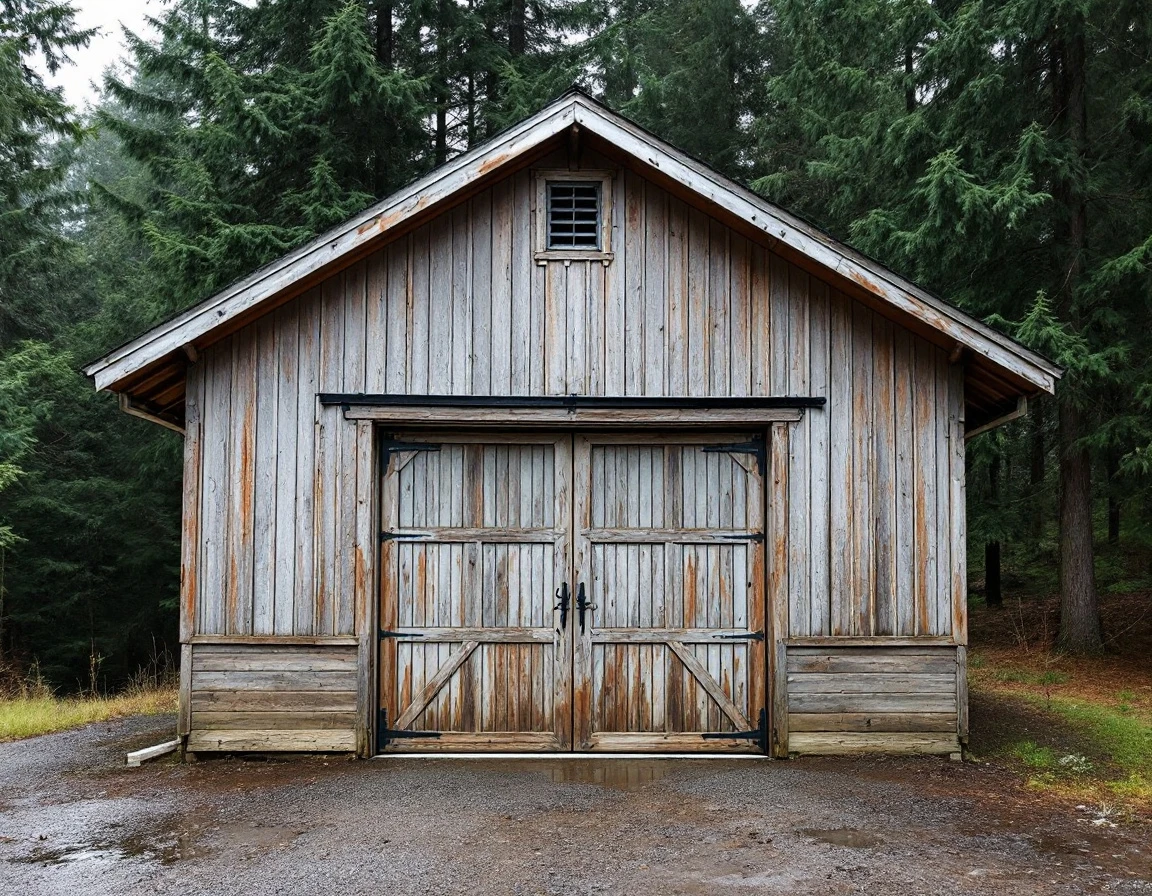 Weathered barn-style garage on rural Banks property with moisture-resistant weatherstripping and gravel driveway