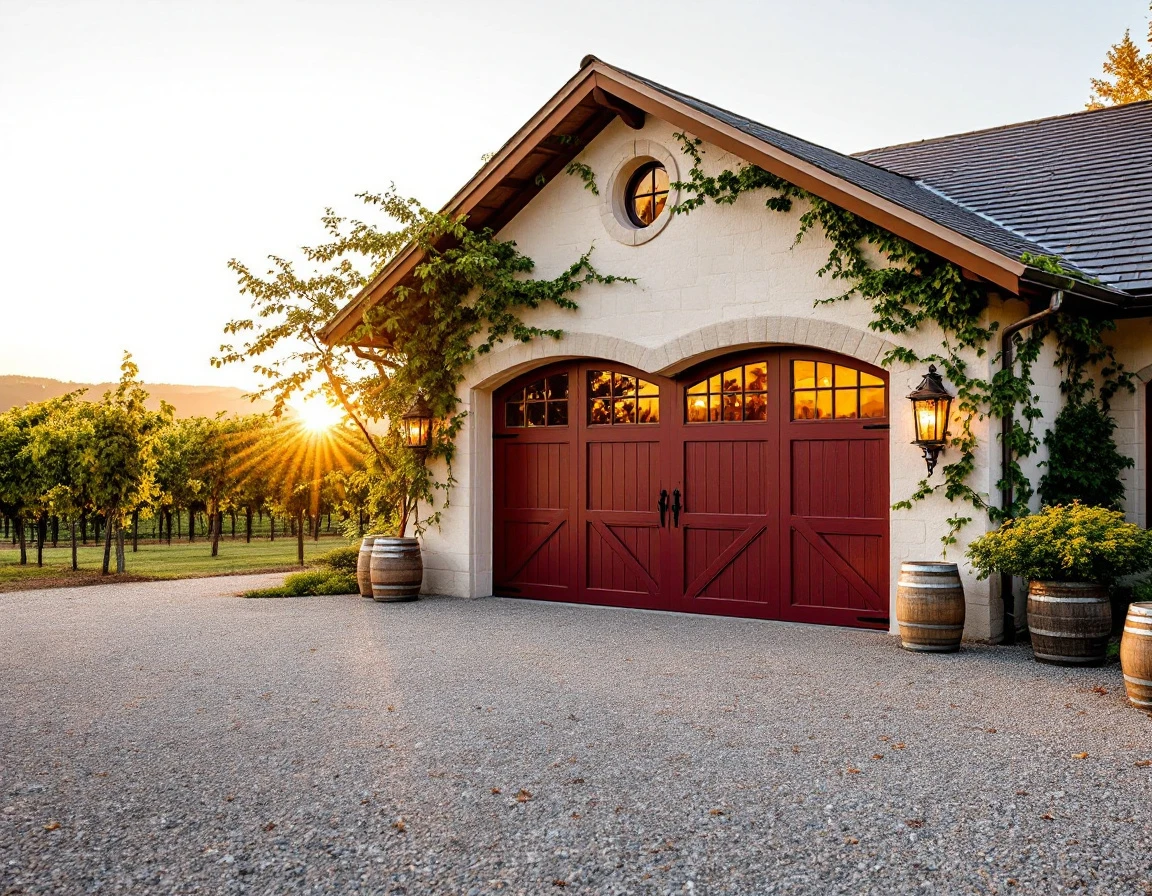 Wine estate garage door in McMinnville during harvest season with vineyard backdrop and autumn light