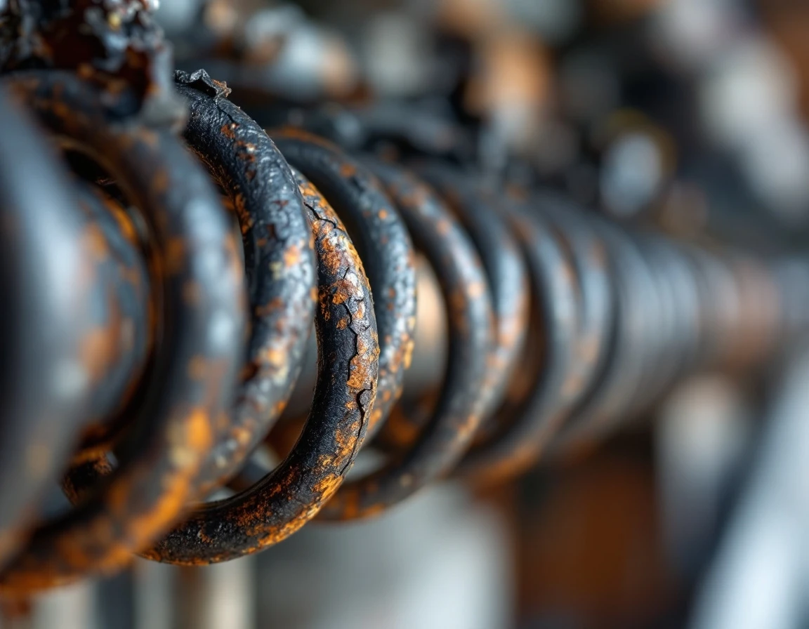 Worn garage door torsion spring showing freeze-thaw damage and metal fatigue from La Pine winter conditions