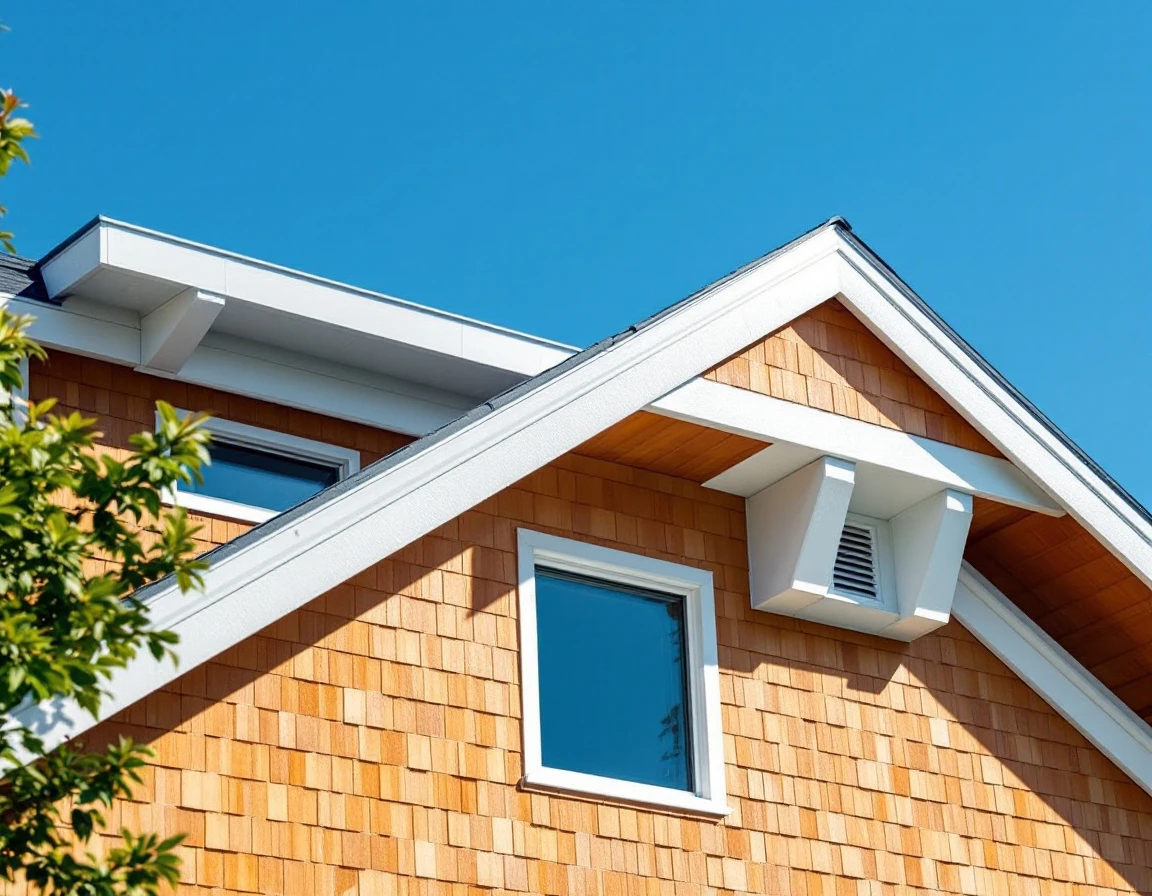 Modern home roofline showing ridge and soffit vents on a sunny Portland summer day