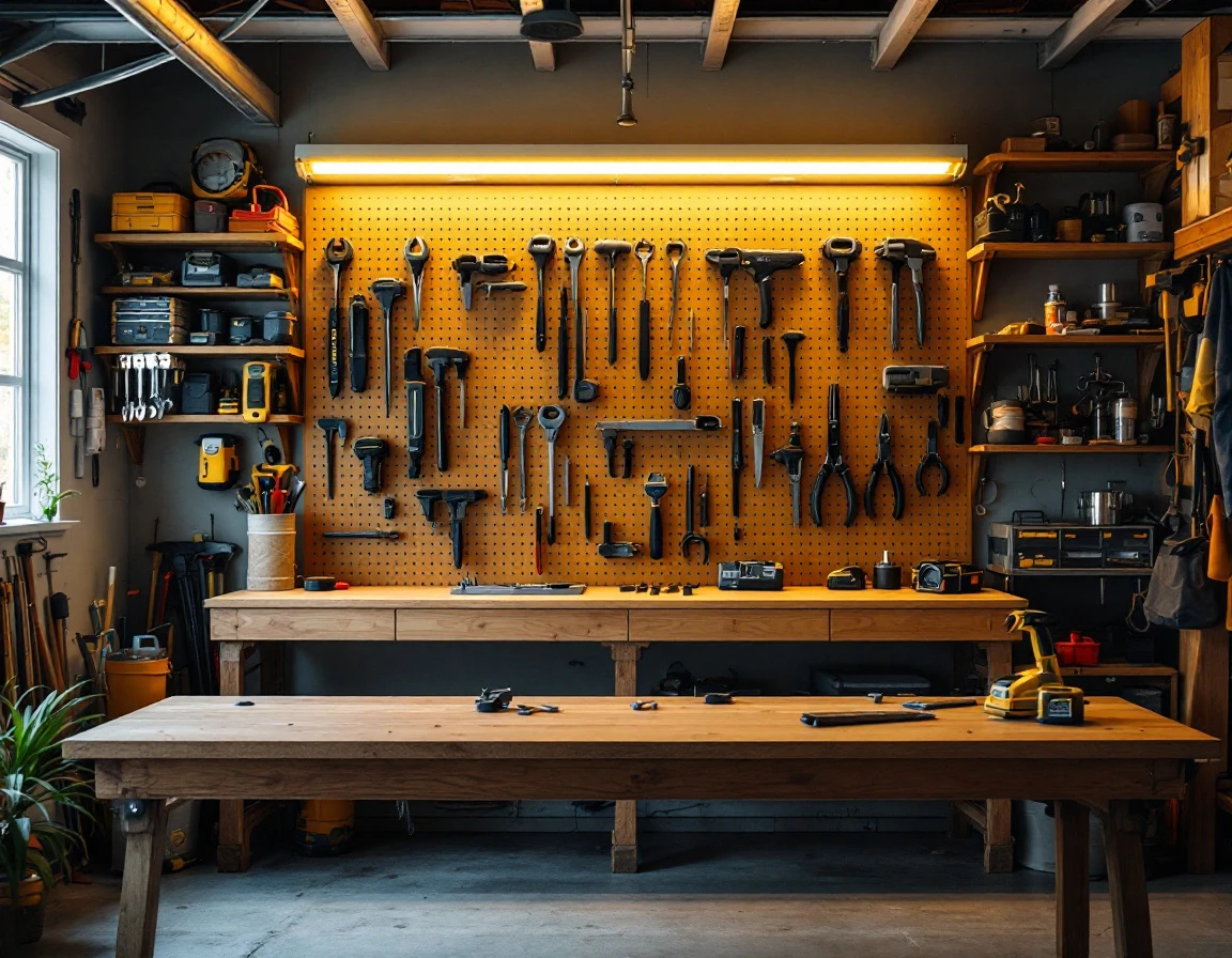 Organized garage workshop with pegboard tool storage and wooden workbench under warm LED lighting