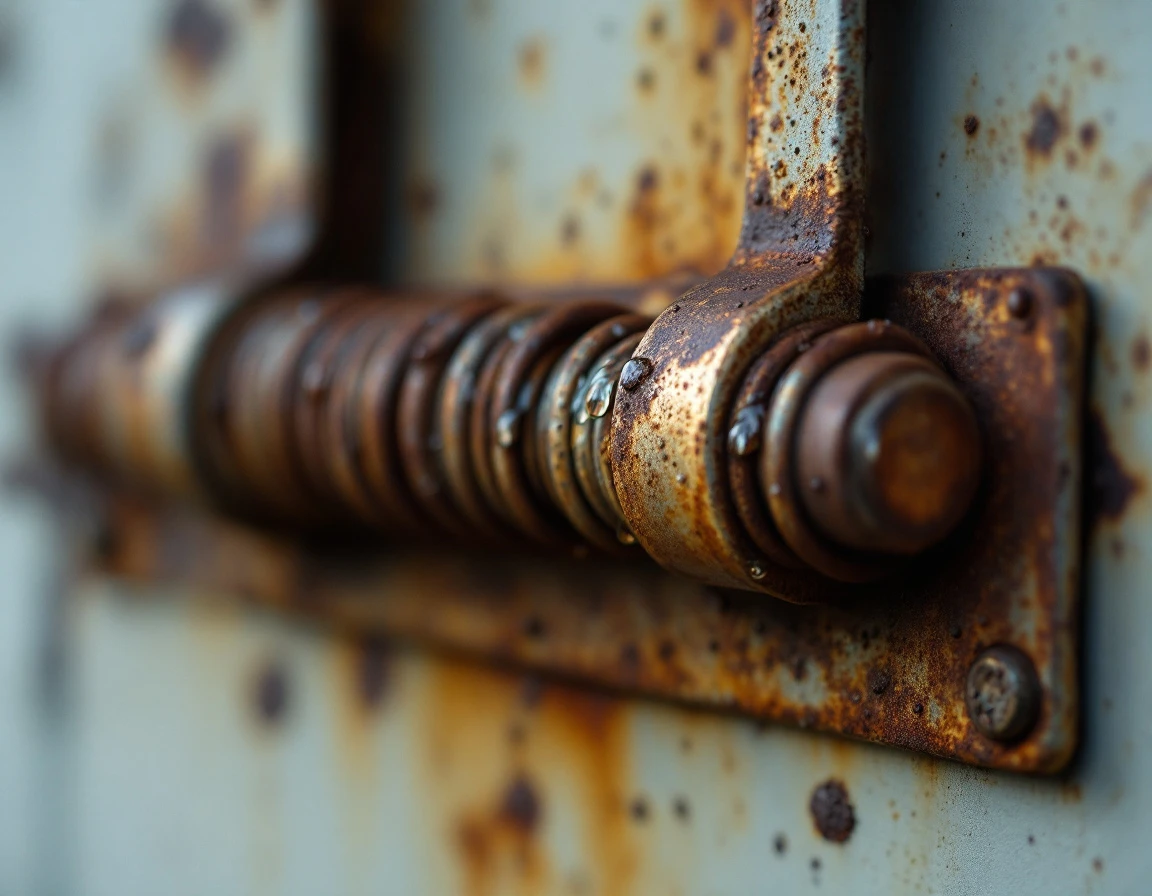 Rusted garage door spring and mounting hardware showing corrosion damage from Oregon wine country moisture