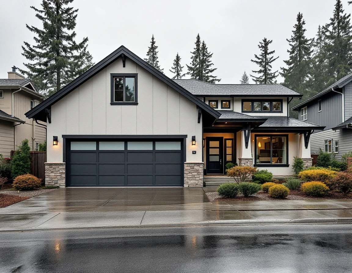 Contemporary Villebois home with two-car garage showing moisture accumulation on exterior surfaces during wet weather