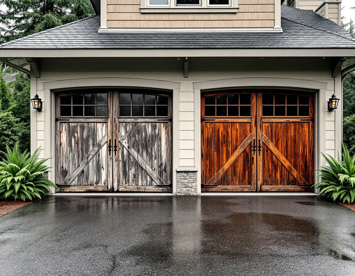 Garage with contrasting wooden door panels showing severe weathering on left and moderate wear on right side
