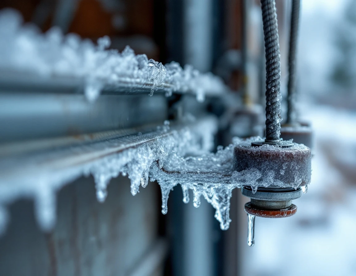 Ice crystals coating garage door track rails and rollers during Columbia Gorge winter freeze conditions