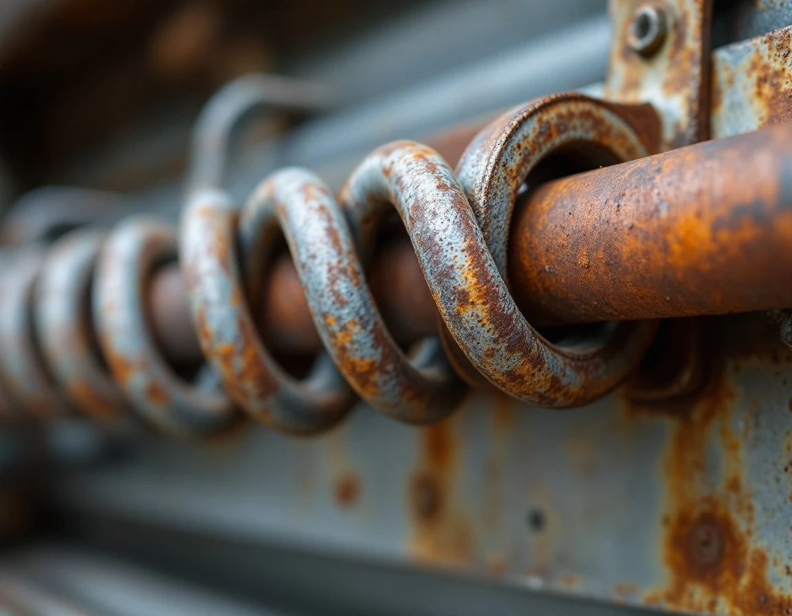Heavy-duty torsion springs on garage door shaft showing rust and wear from frequent equipment door cycles
