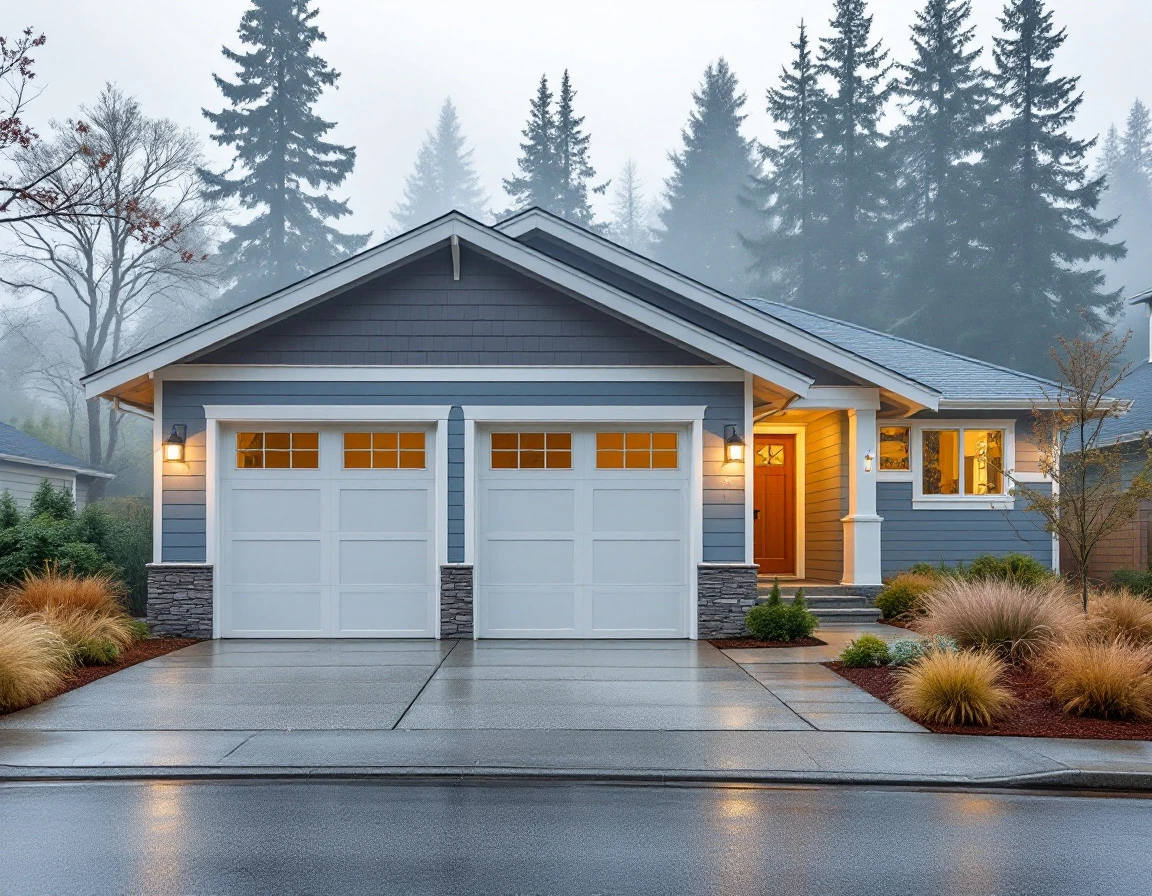 Modern two-car garage with white paneled doors on contemporary Hillsboro home under overcast valley skies
