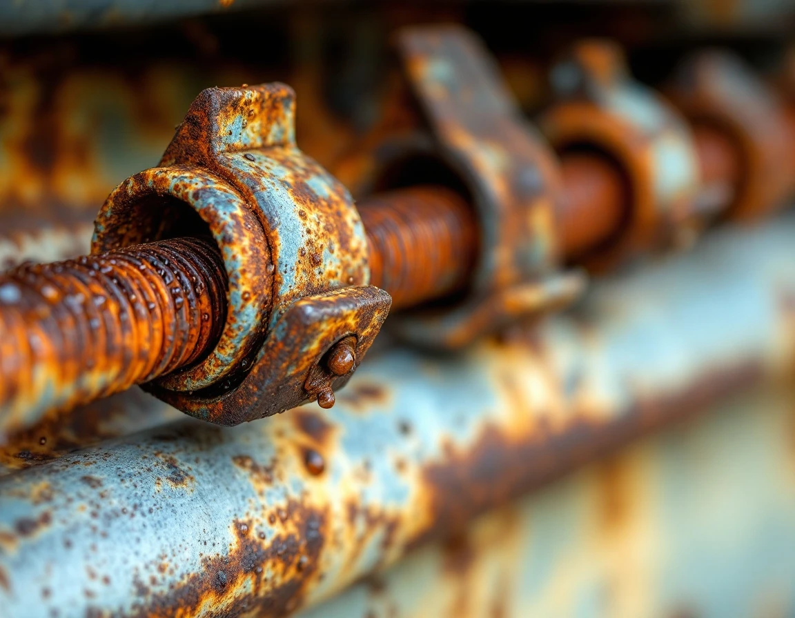 Corroded garage door spring with visible rust damage from river humidity exposure