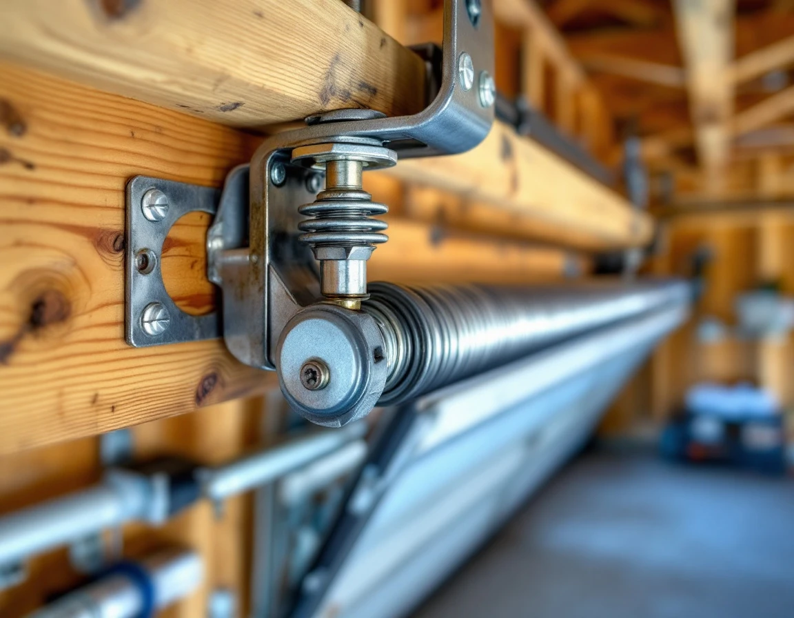 Modern torsion spring system with authentic hardware mounted on wooden garage door header beam