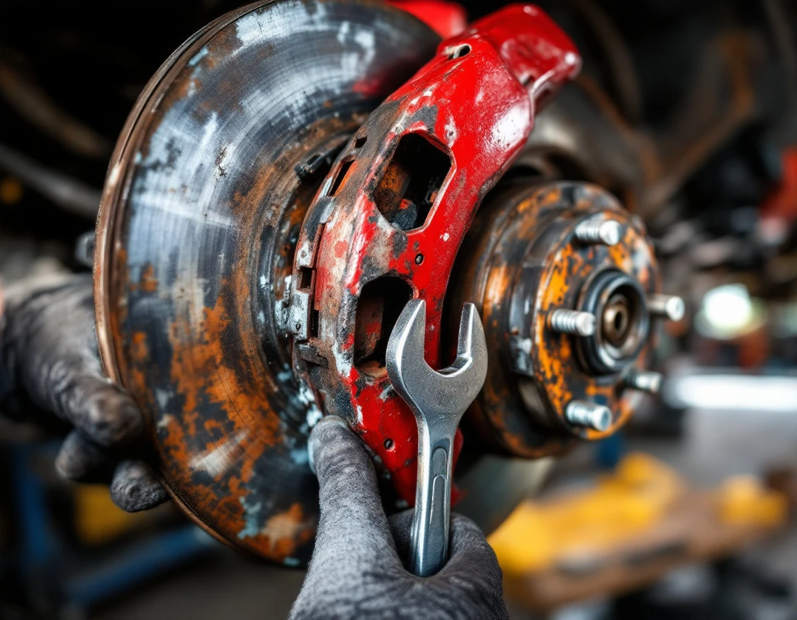 Worn brake rotor and caliper showing natural weathering during pre-summer safety inspection
