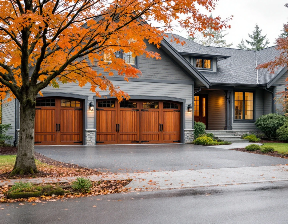Custom carriage-style wooden garage door on West Linn luxury home during Pacific Northwest autumn