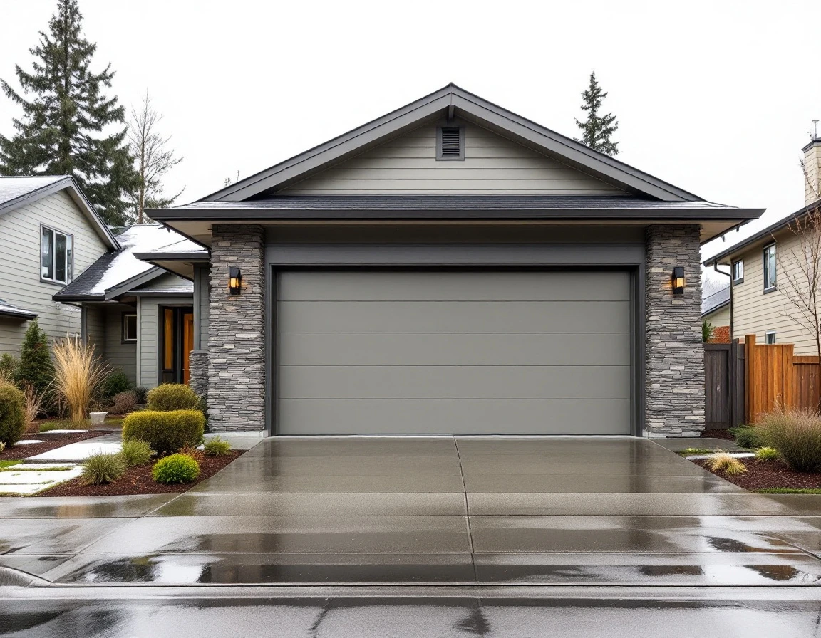 Modern two-car garage on newer Vancouver home showing driveway puddles from spring weather conditions
