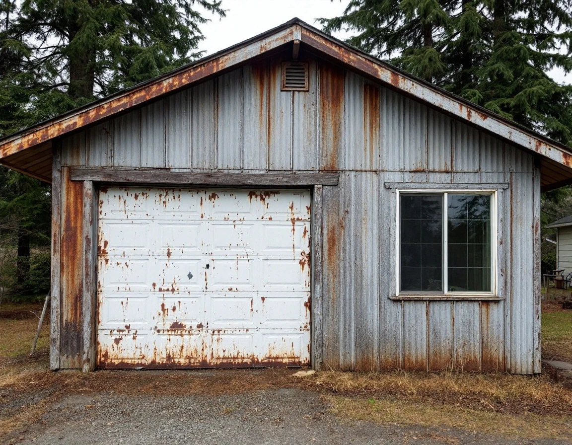 Weathered 1950s garage in West Kelso showing moisture damage, corroded metal siding, and deteriorated weatherstripping
