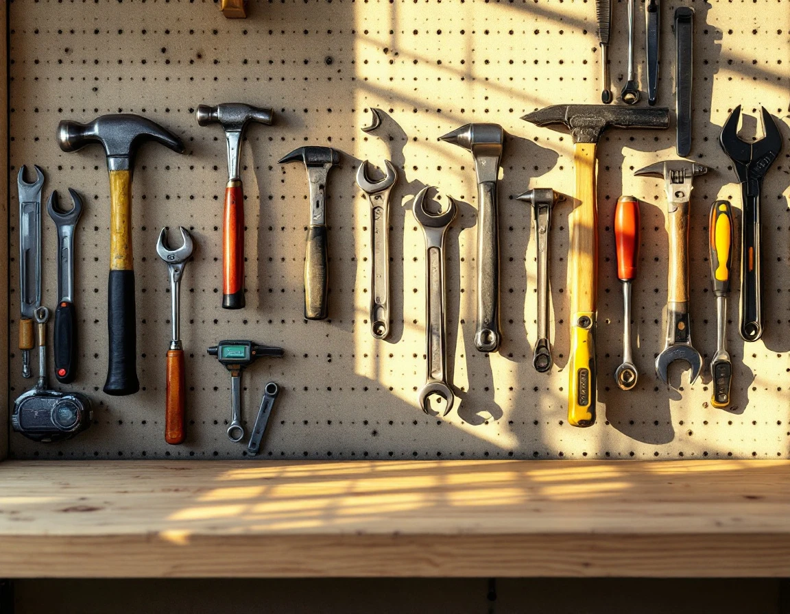 Organized pegboard wall with hand tools in naturally lit garage workshop