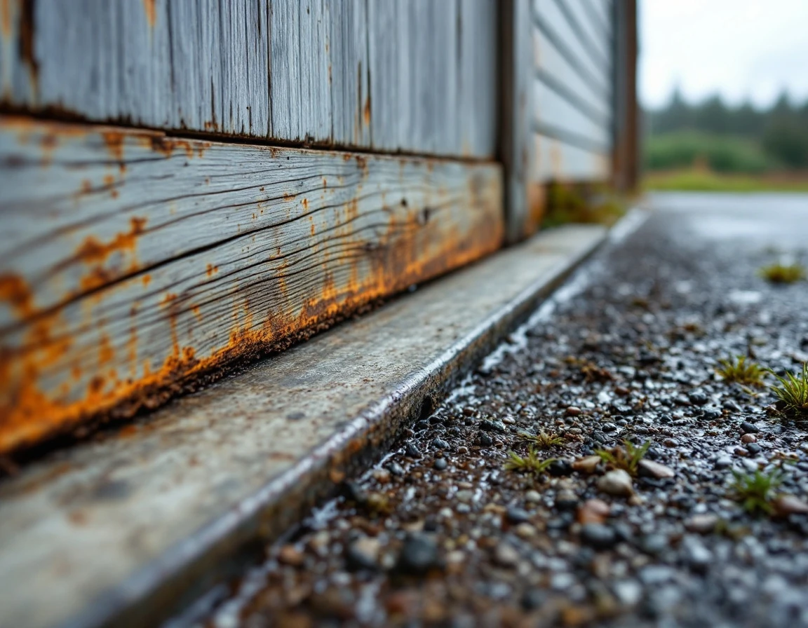 Water-damaged garage door threshold showing weathered wood, rust, and compromised weatherstripping from spring flooding