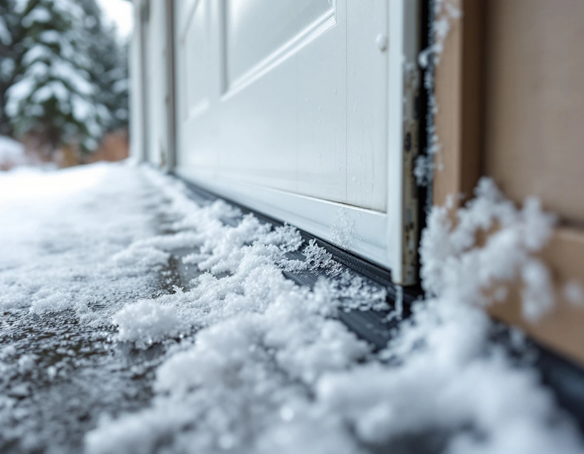 Weatherstripping being installed on garage door bottom with frost and ice crystals visible on metal frame