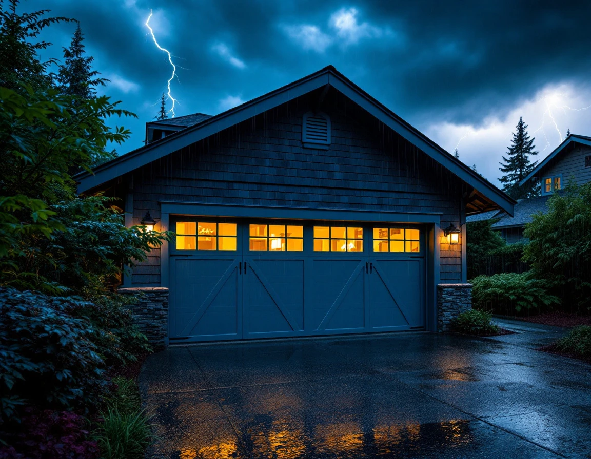 Portland garage door secured during severe thunderstorm with dark clouds and lightning overhead