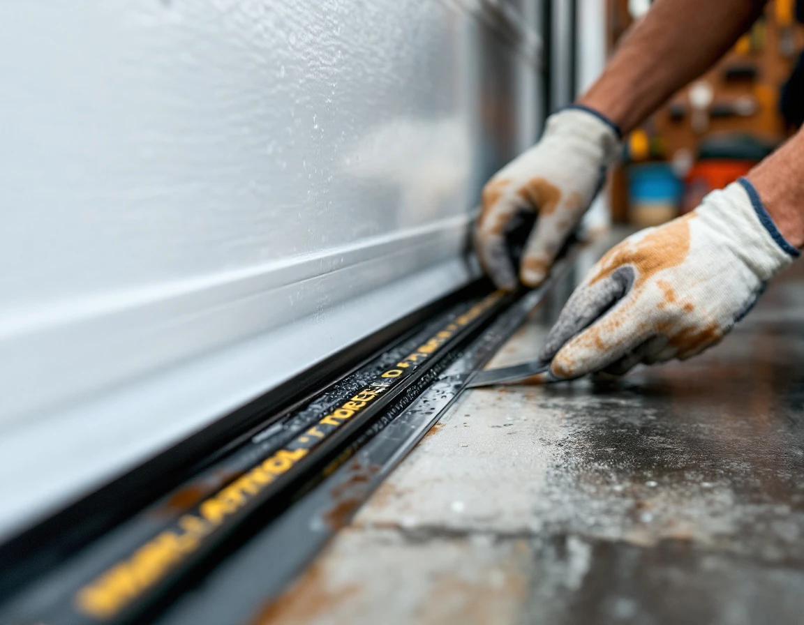 Close-up of weatherstripping installation along garage door bottom track with rubber seal and aluminum channel