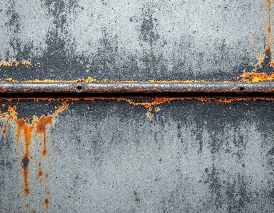 Weathered garage door panel showing corrosion and stress cracks at seam from commercial traffic exposure
