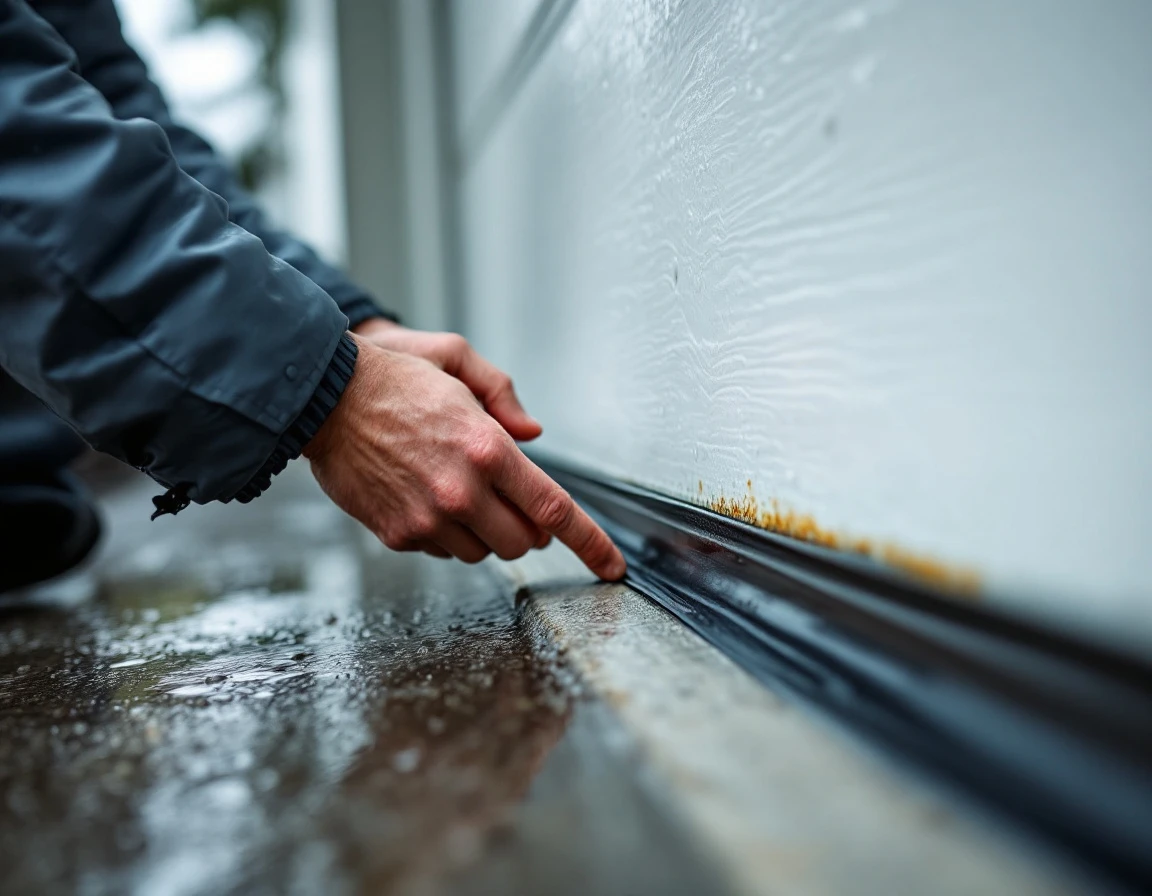 Hands inspecting garage door weatherstripping seal before storm arrival
