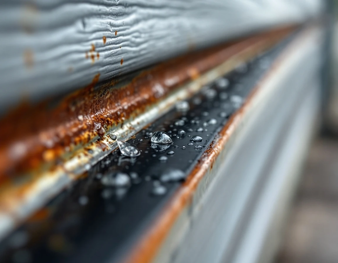 Rainwater beading on garage door weatherstripping with natural rust patina on metal track in North Plains fog