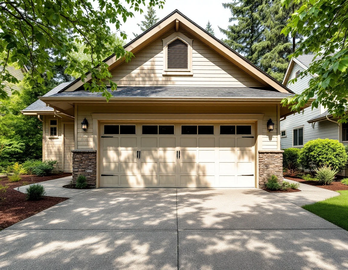 Portland garage with insulated door, weatherstripping, and roof vents on a summer day