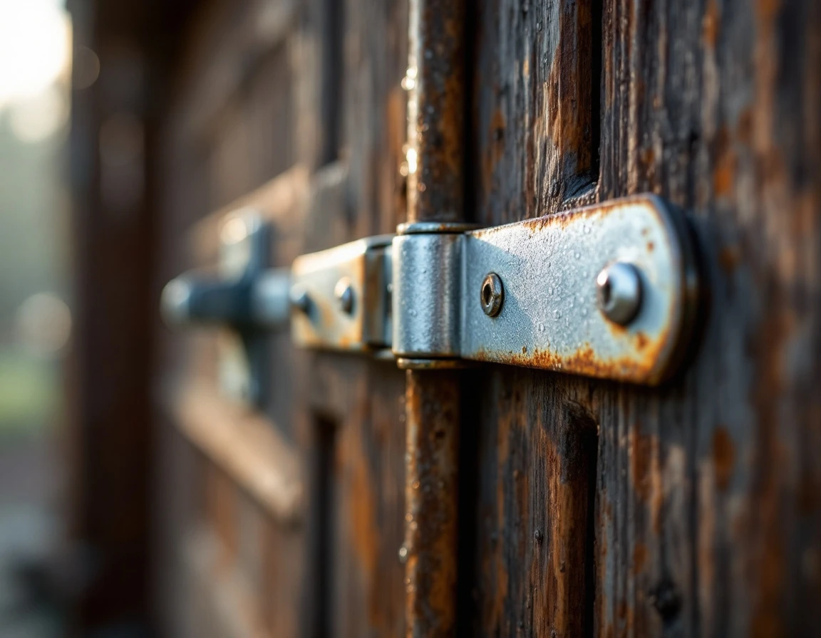 Rust-resistant garage hardware with protective coating on cedar siding in morning fog conditions